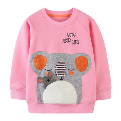 Girls' cozy top, breathable cotton, charming cat and heart pattern, great for daily wear