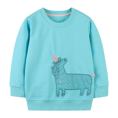 Kids' long sleeve cotton sweater, vibrant cat and heart print, durable and soft children's wear