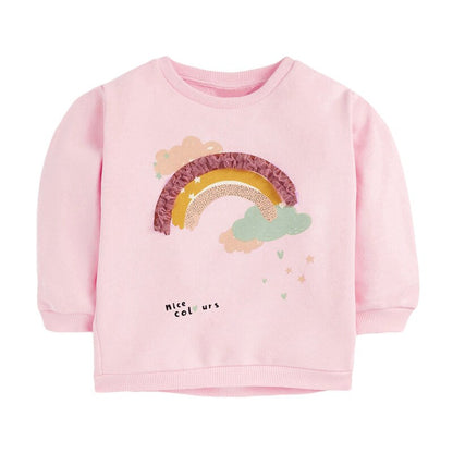 Detailed image of the cat and heart pattern on a girls' soft cotton sweater, fall/winter style