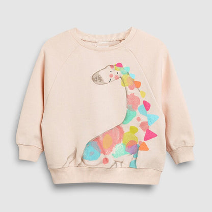 Close up of girls' cotton sweater, detailed cat and heart pattern, soft and cozy fabric
