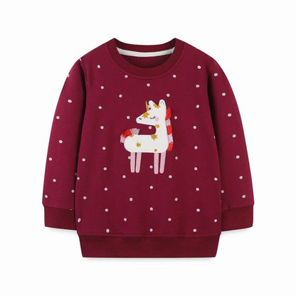 Front view of girls' long sleeve sweater, cat heart motif, comfortable cotton for kids fashion