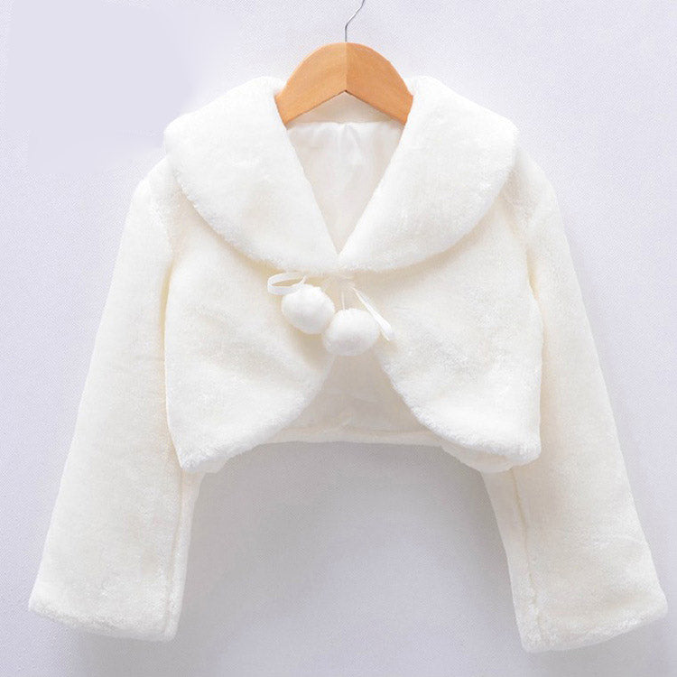 Girls' cozy fleece bolero jacket with pompom closure, long sleeves, ideal toddlers' winter fashion.