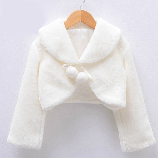 Girls' cozy fleece bolero jacket with pompom closure, long sleeves, ideal toddlers' winter fashion.