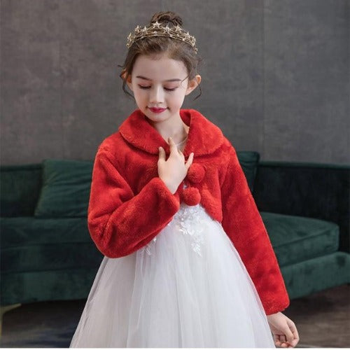Soft girls' long sleeve fleece bolero, perfect children's outerwear with playful pompom closure.