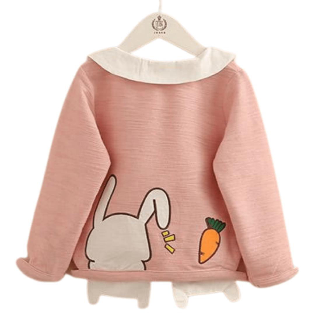 Adorable pink girls' kid sweater featuring a playful carrot and rabbit design, perfect for toddler comfort
