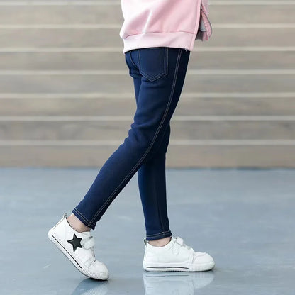 Warm girls' denim leggings for winter, comfortable playwear with elastic waist, a cozy & stylish bottom.