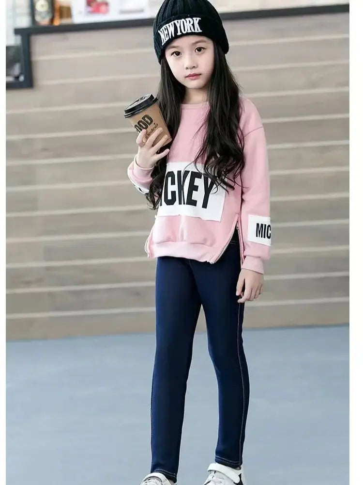 Girls' fall winter denim leggings, warm & stylish with a cozy feel. Perfect everyday children's pants.