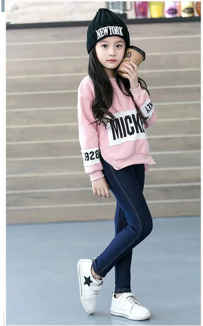 Stylish & warm girls' winter denim leggings. Cozy bottoms for children's everyday wear & play.