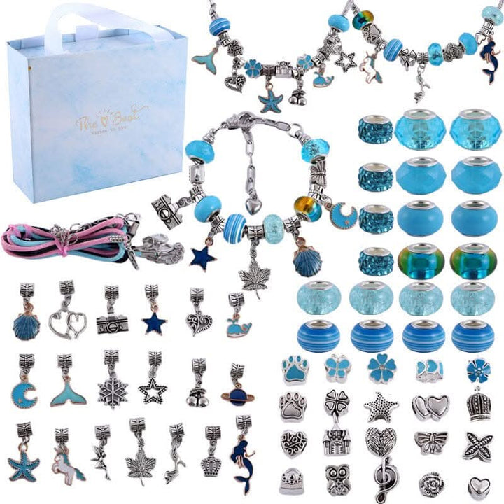 DIY jewelry making kit for girls with an assortment of shimmering beads and sparkling charms.