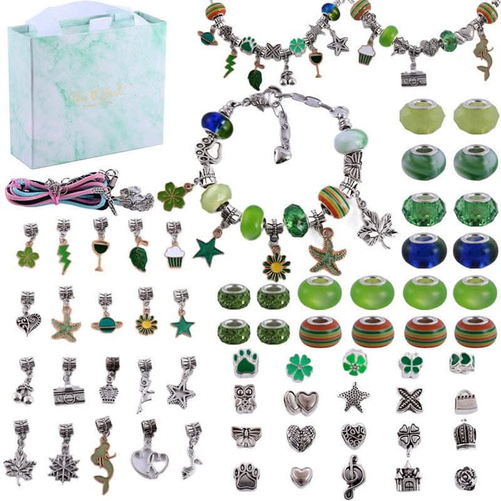 Assorted sparkling charms from the girls' creative jewelry making kit, perfect for unique DIY bracelets.