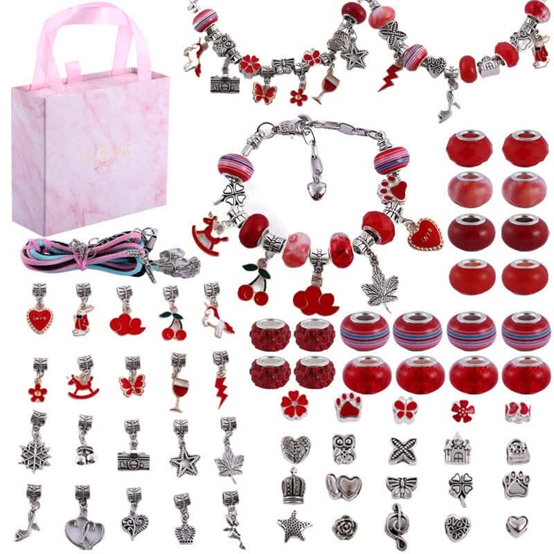 Girls craft kit: DIY jewelry making with colorful beads, string, and dazzling sparkling charms.