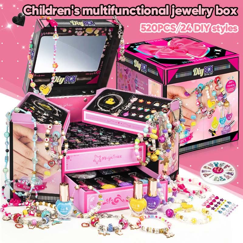 A girl concentrating while creating a sparkling charm bracelet with her jewelry making kit.