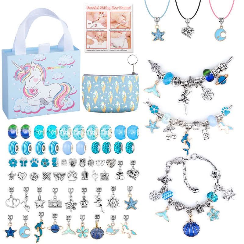 Overview of the girls' bracelet making kit components, including string, beads, and sparkling charms.