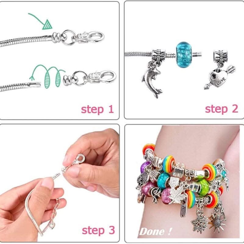 Contents of the Girls' Creative Jewelry Making Kit: beads, string, and sparkling charms for fun craft.