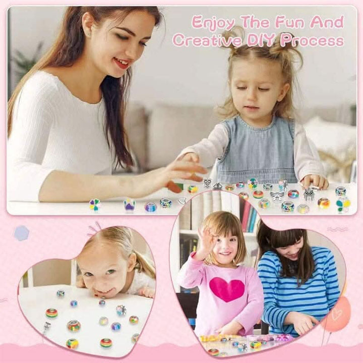 Close-up of dazzling, sparkling charms included in the girls' jewelry making kit for creative designs.