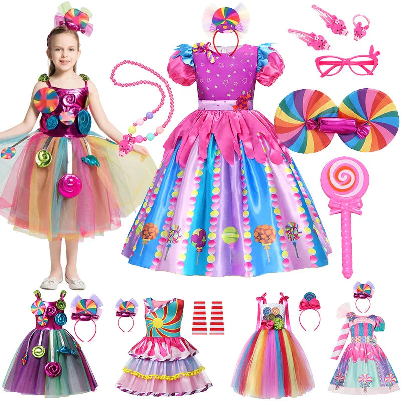 Girls crochet candy party dress with vibrant colors and matching headband, perfect for toddlers.