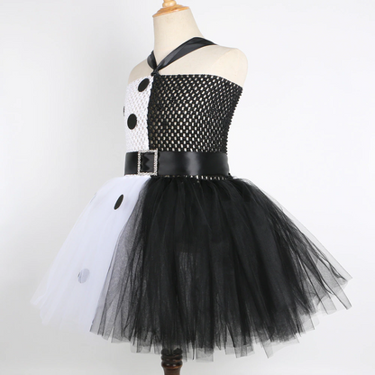 Close-up of Girls Dalmatian special occasion dress, black & white spots on layered tulle skirt
