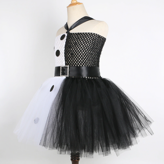 Close-up of Girls Dalmatian special occasion dress, black & white spots on layered tulle skirt