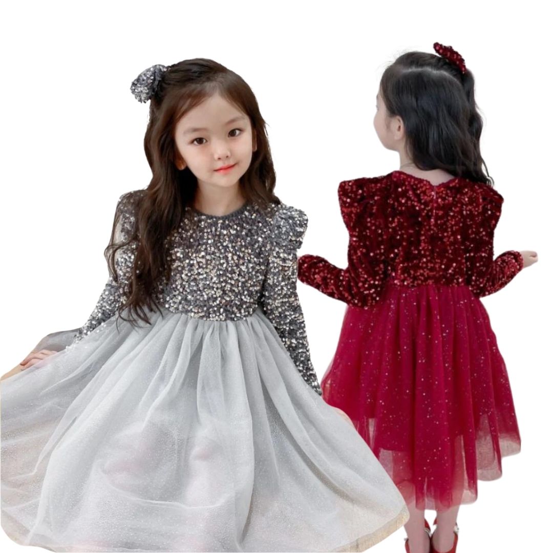 Girls' dazzling pink sequin long sleeve princess party dress with full tulle skirt, perfect for birthdays.