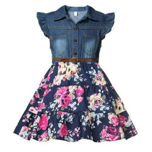 Girls' denim floral summer dress with short sleeves, perfect for play and casual wear