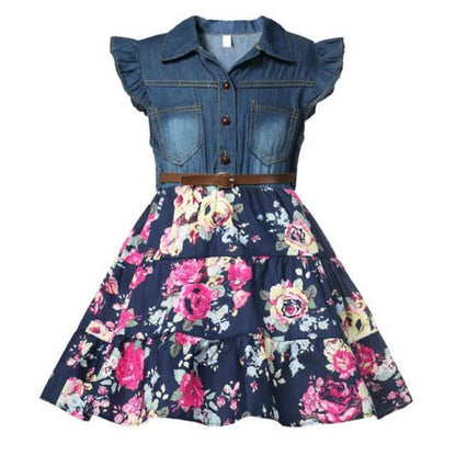 Girls' denim floral summer dress with short sleeves, perfect for play and casual wear