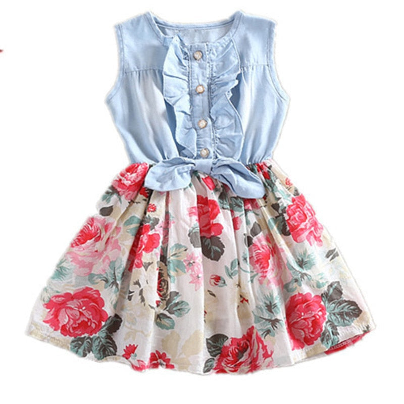 Toddler girl in a cute denim floral dress, ideal for comfortable summer fashion