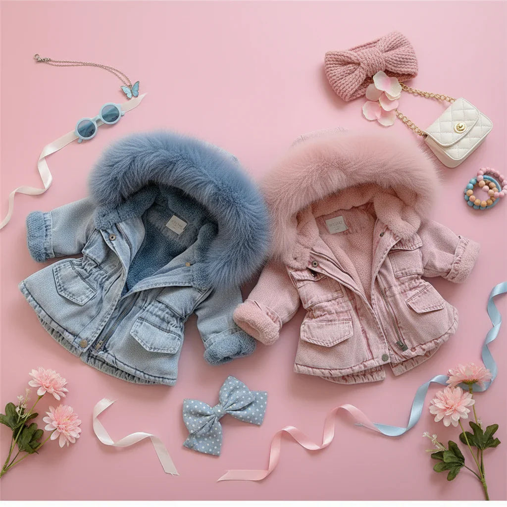 Girls' denim look winter coat with warm hood, perfect for cold weather