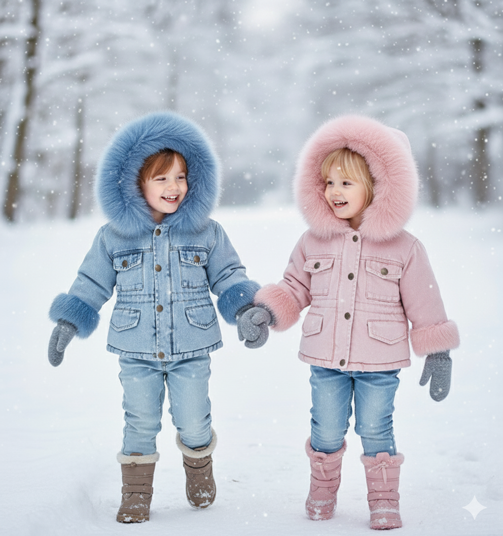 Toddler girl's hooded winter jacket, blue denim style, cozy and soft