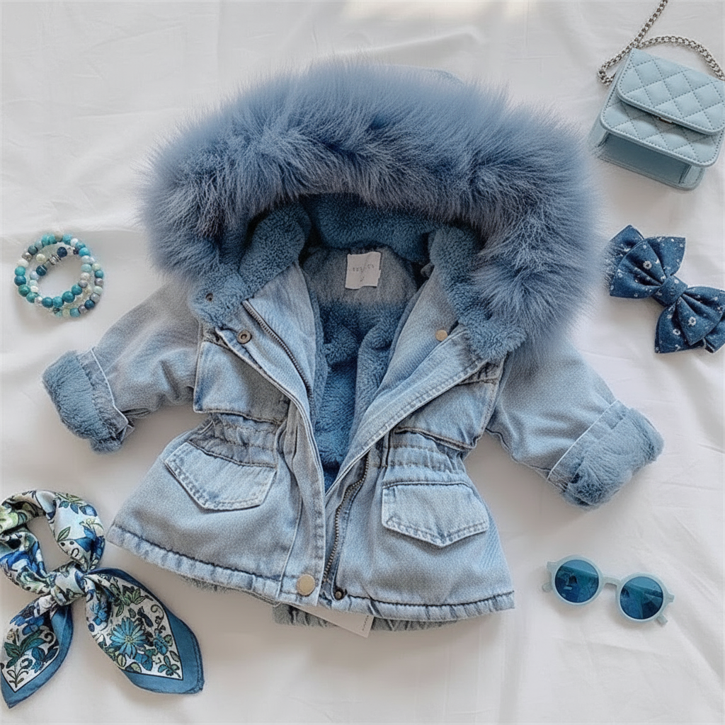 Kids' denim look outerwear, fleece-lined winter coat for girls, hooded