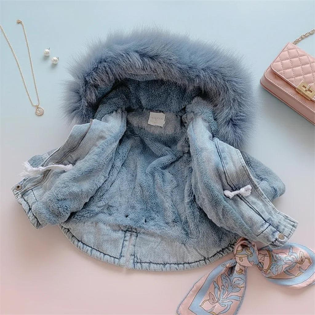 Warm girls' winter jacket with denim style and functional hood
