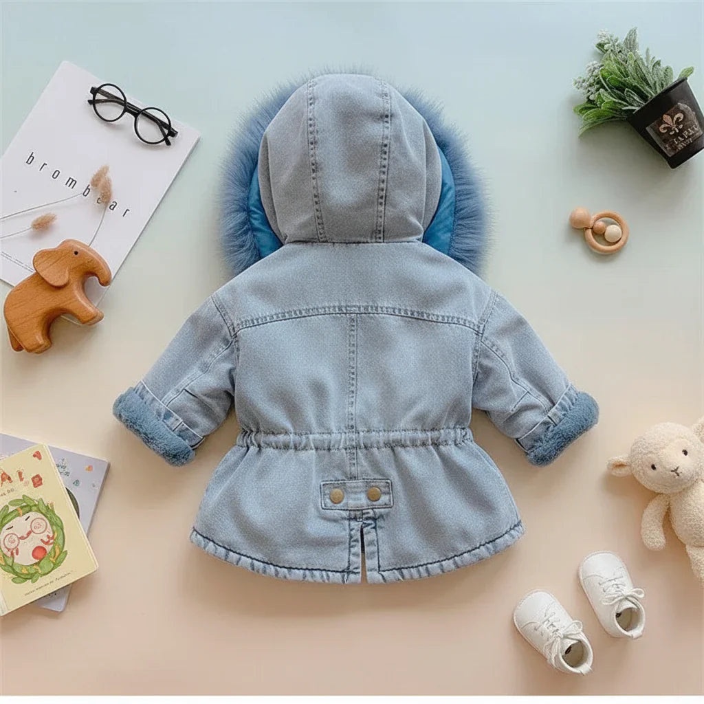 Children's fashion: Hooded denim look winter coat for young girls