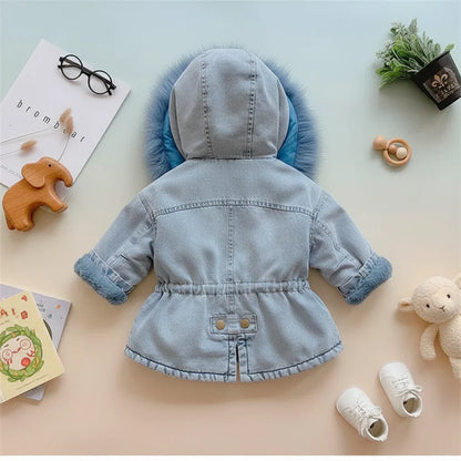 Children's fashion: Hooded denim look winter coat for young girls