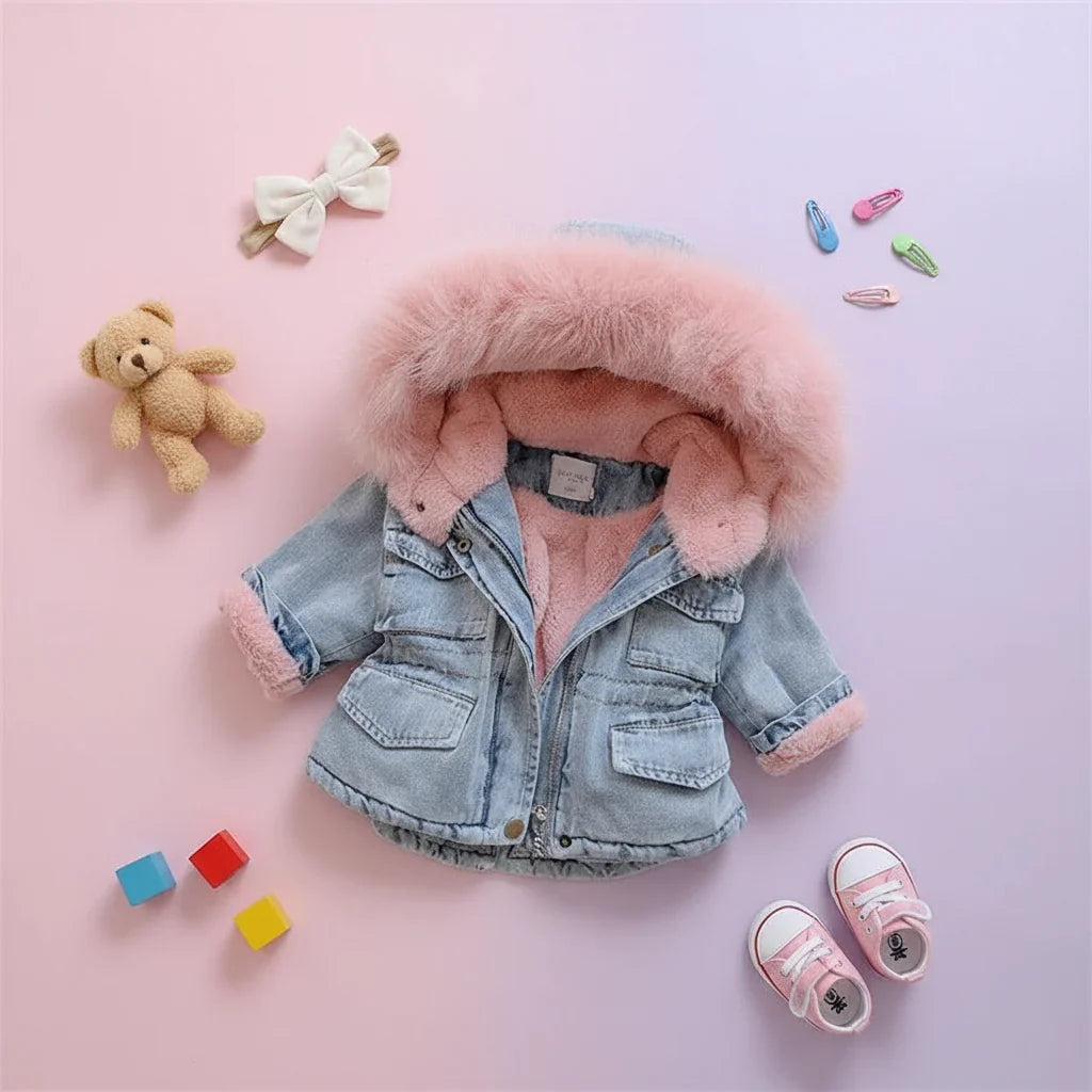 Girls' blue denim look winter jacket, comfortable and protective hood