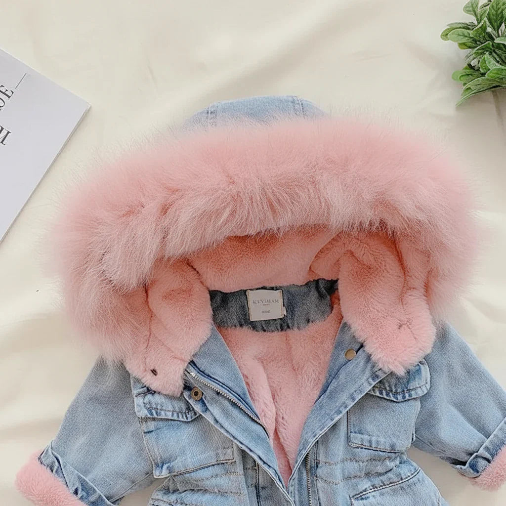 Stylish denim look winter coat for girls, ideal for chilly days, hooded