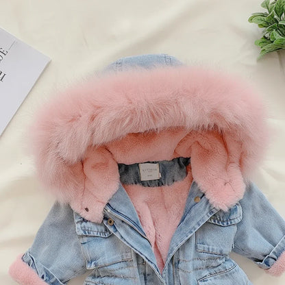 Stylish denim look winter coat for girls, ideal for chilly days, hooded