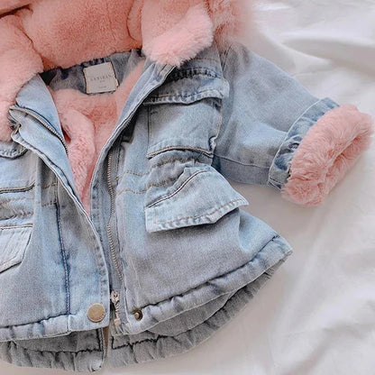Cozy girls' winter jacket in a trendy denim look with a warm hood