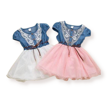 Girls' denim tulle stitching dress with intricate embroidered chest and vintage belt, perfect for parties.