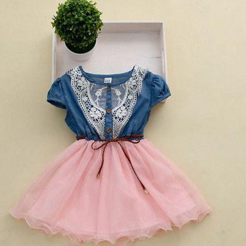 Toddler girl's denim and tulle dress, featuring detailed chest embroidery and an elegant above-knee design.
