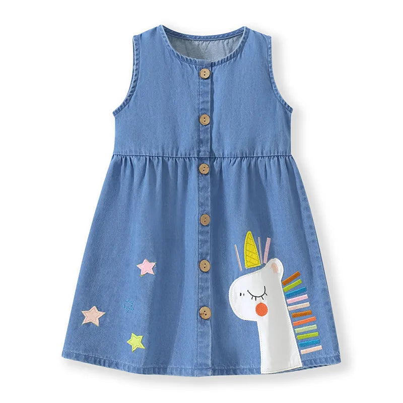 Girls' denim unicorn sleeveless A-line dress, perfect for summer casual wear. Features vibrant embroidery.