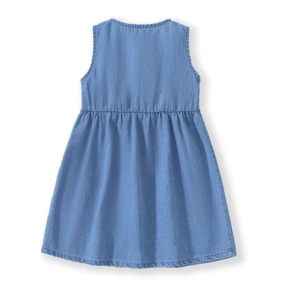 Toddler girl in a cute denim unicorn A-line dress, ideal for parties and everyday kids fashion.