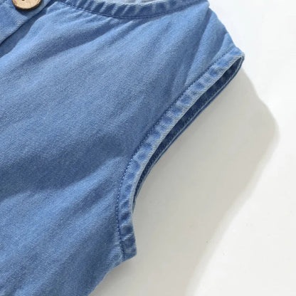 Back view of a girls' denim unicorn A-line dress, highlighting the comfortable sleeveless design.
