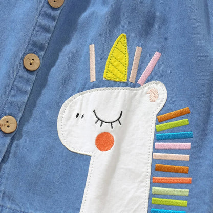Stylish girls' denim unicorn dress with an A-line silhouette, suitable for all children's activities.