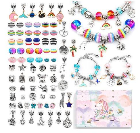 Girls' DIY charm bracelet making kit with colorful beads, charms, and cords for creative play.