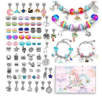 Girls' DIY charm bracelet making kit with colorful beads, charms, and cords for creative play.
