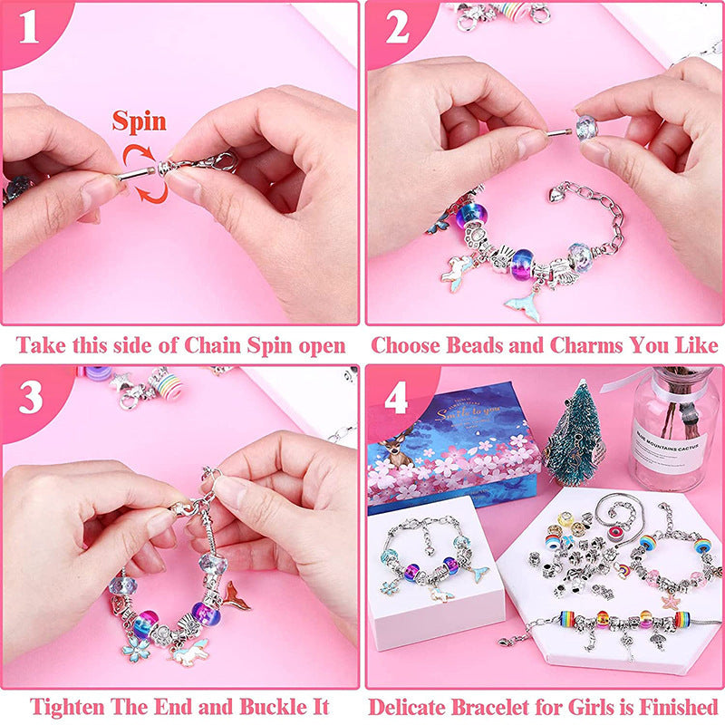 Child's hands creating a personalized bracelet using the Girls' DIY charm bracelet making kit.
