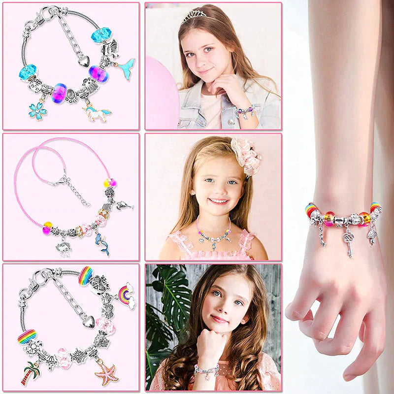 Complete Girls' DIY charm bracelet kit box, showcasing beading supplies, perfect gift for girls.