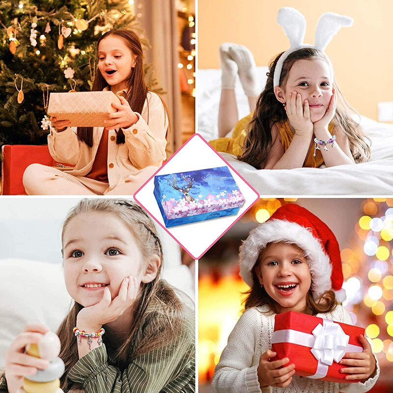 Assortment of vibrant beads and cute charms from a kids' jewelry making craft kit.