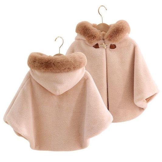 Girls' elegant faux fur hooded short cloak, warm fall winter outerwear for toddlers