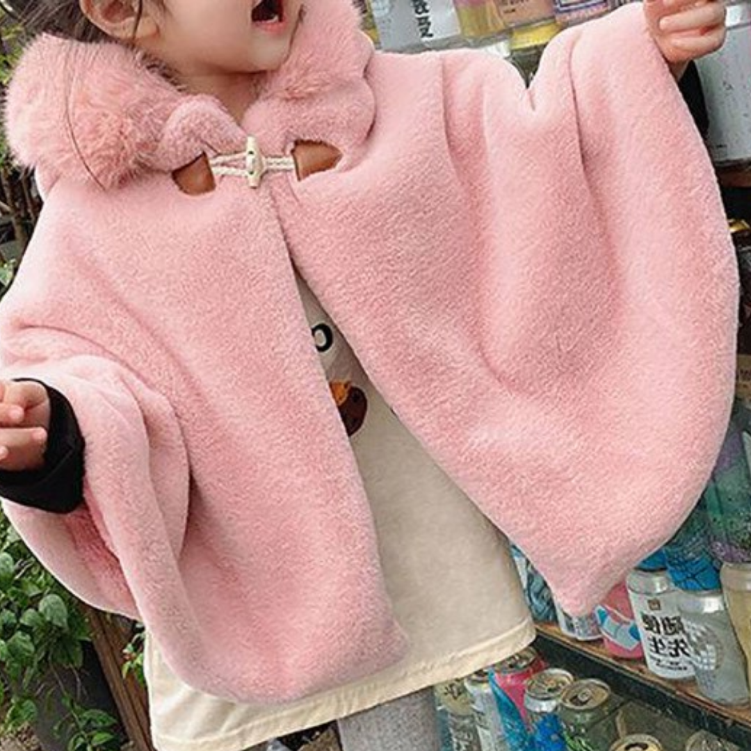 Stylish girls' short cloak with faux fur hood, elegant outerwear for baby girl fashion
