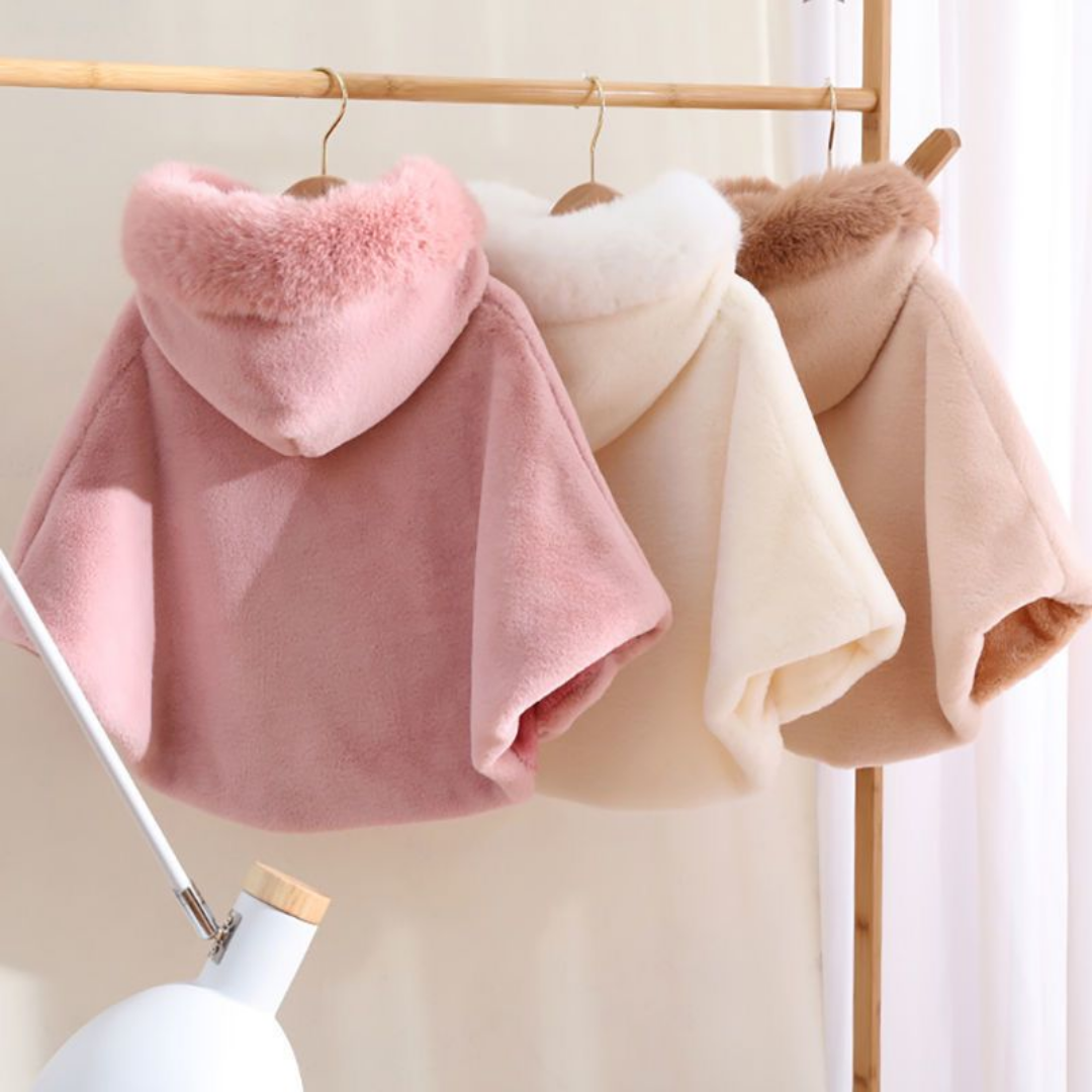 Delightful girls' faux fur hooded cloak, a warm and fashionable winter coat for kids